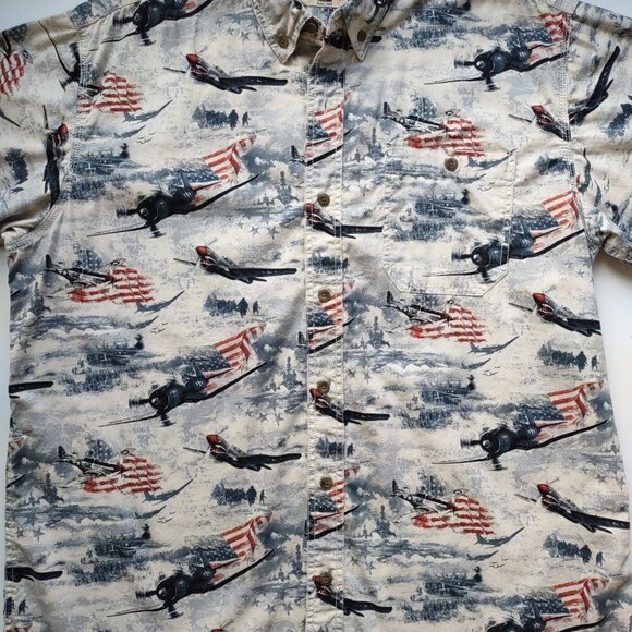 Red Head Men's Patriotic Short Sleeve Shirt Planes Ships USA Flag Men's Size XL - Picture 10 of 12
